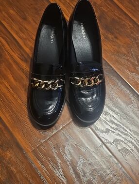 Limelight Black Patent Loafers with Gold Chain Trim
